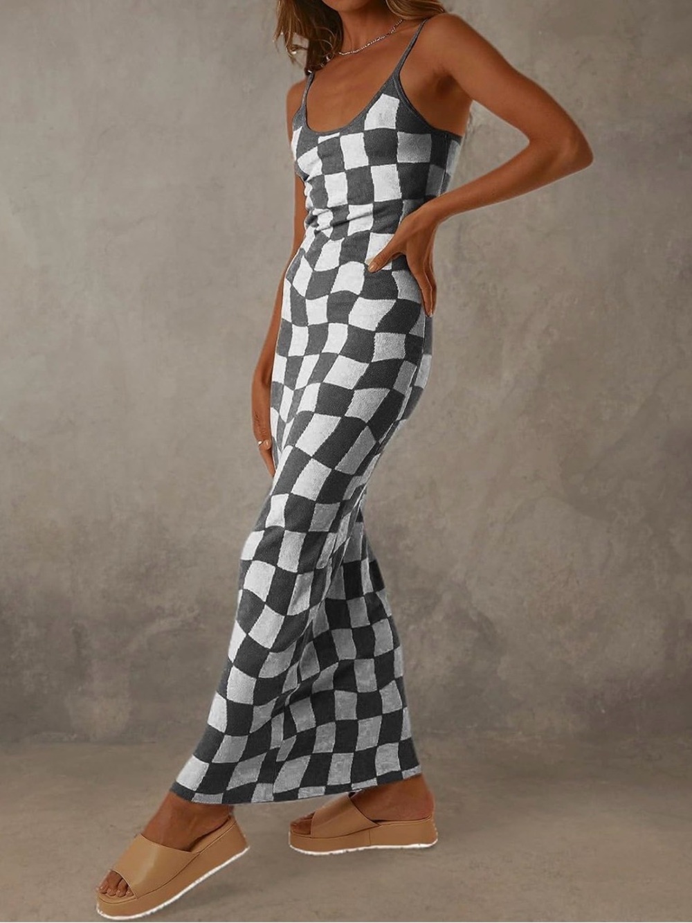 Checkerboard Knit Maxi Dress - Dark grey & White